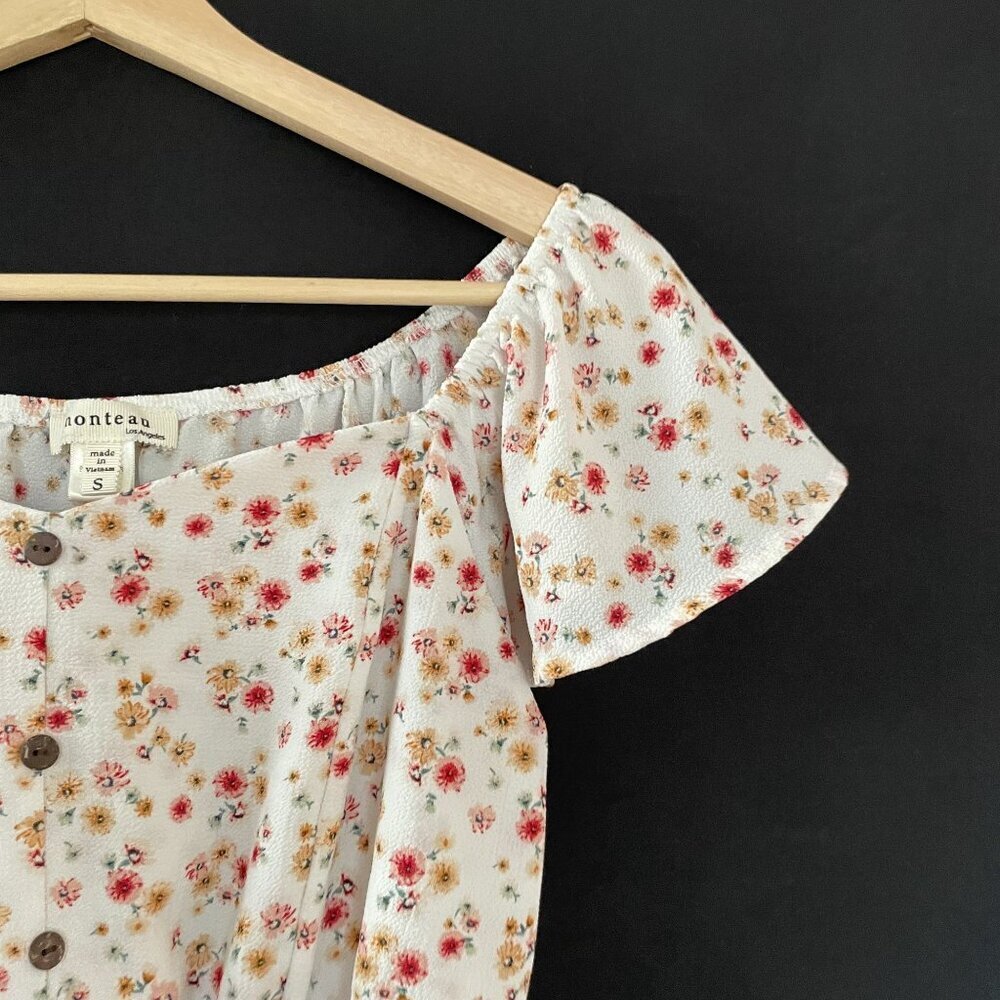 Monteau red and yellow‎ floral frilly crop top women's size small cinched waist - Picture 2 of 8